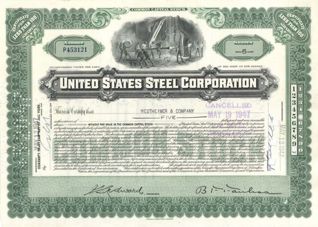 United States Steel Corp. - 1920's-50's dated Steel Stock Certificate - Bought Carnegie Steel for $492 Million