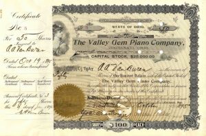 Valley Gem Piano Co. - Stock Certificate
