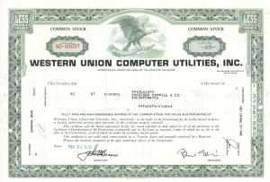 Western Union Computer Utilities, Inc. - Stock Certificate