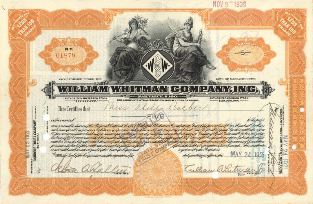 William Whitman Company, Inc. - 1920's-1940's dated Stock Certificate