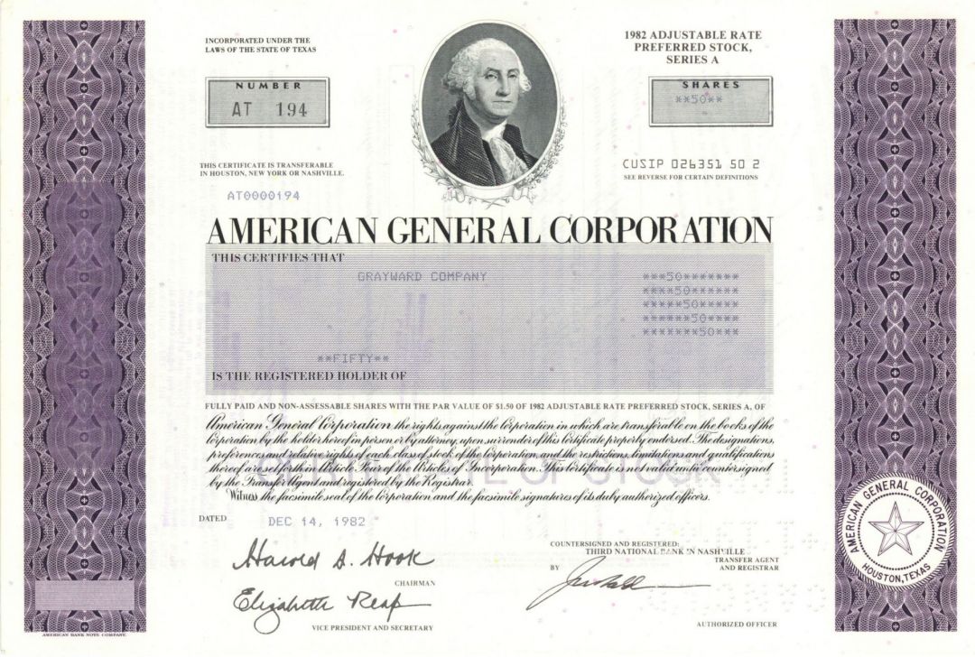 American General Corp. - Famous Finance and Insurance Co. Stock Certificate