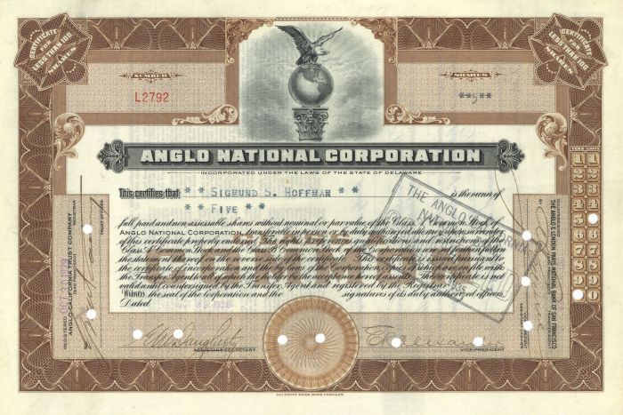 Anglo National Corp. dated Oct. 29, 1929 - Great Stock Market Crash Stock Certificate
