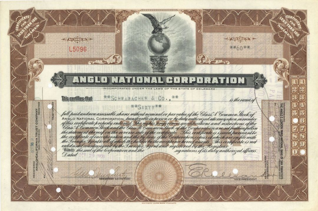 Anglo National Corp. - 1920's-30's dated Banking Stock Certificate - Interesting History