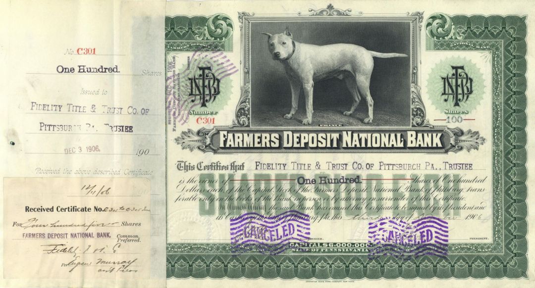 Farmers Deposit National Bank - Beautiful Dog Vignette PRINCE - Stock Certificate