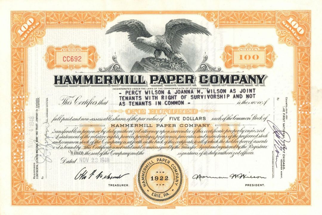 Hammermill Paper Co. - 1920's-60's dated Stock Certificate - Famous Paper Company