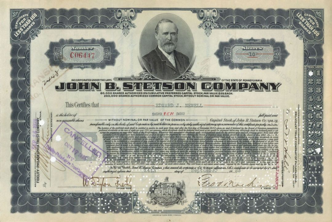 John B. Stetson Co. - 1920's dated Stock Certificate - Famous Hat Company