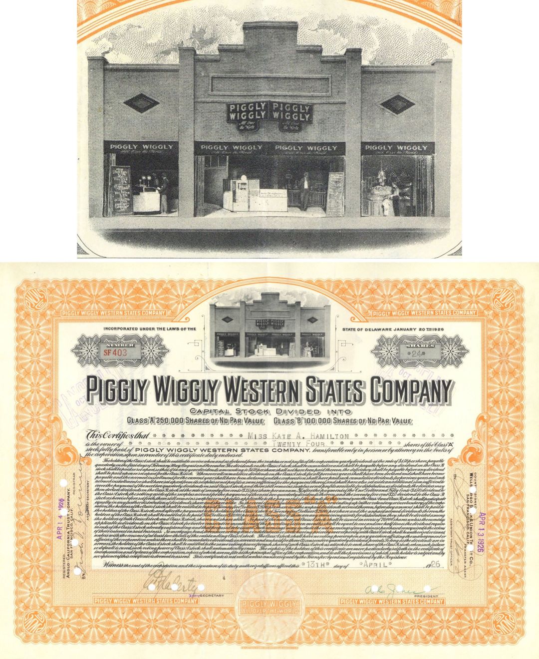 Piggly Wiggly Western States Co. - 1920's dated Supermarket Chain Stock Certificate