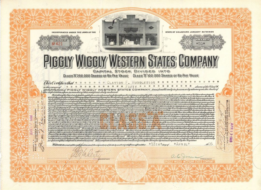 Piggly Wiggly Western States Co. - Supermarket Chain Stock Certificate