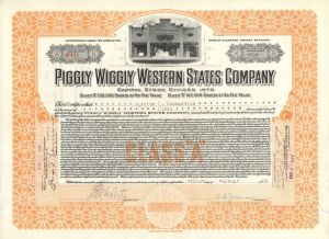 Piggly Wiggly Western States Co. - 1920's dated Supermarket Chain Stock Certificate