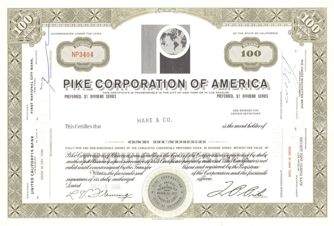Pike Corporation of America - 1960's dated Stock Certificate - Thomas P. Pike - Great History