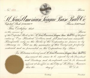 St. Louis American League Base Ball Co. - 1900's Unissued Baseball Stock Certificate