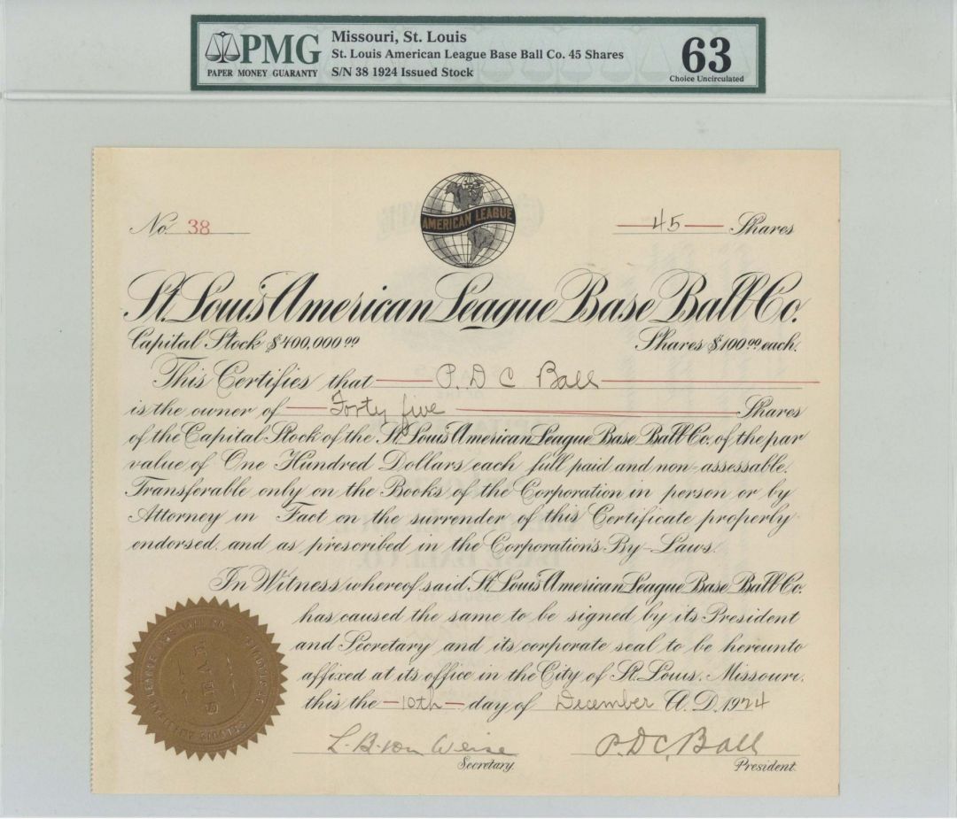 St. Louis American League Base Ball Co. PMG Graded 63 - Stock Certificate