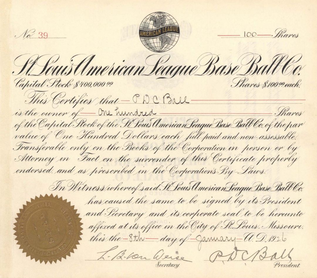 St. Louis American League Base Ball Co. - 1920's dated Stock Certificate