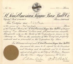 St. Louis American League Base Ball Co. - Stock Certificate
