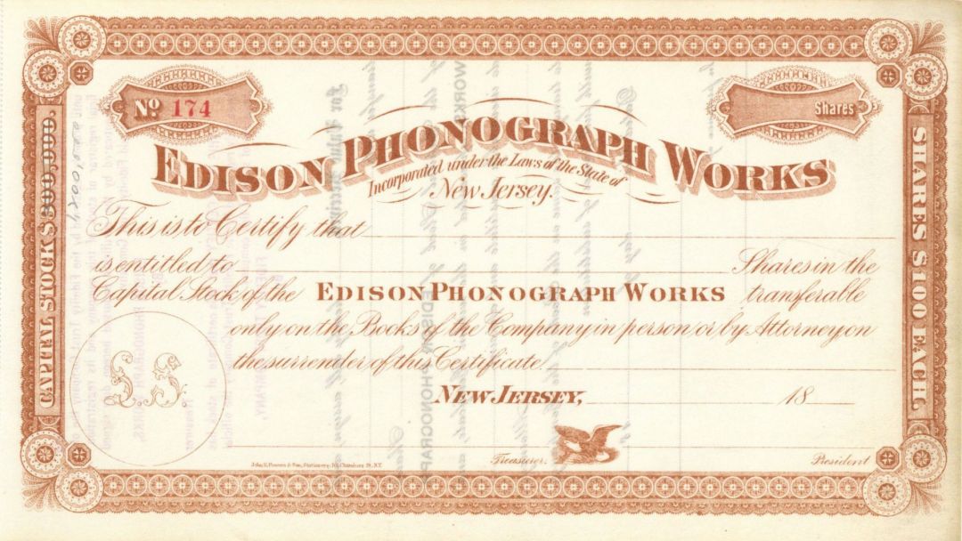 Edison Phonograph Works - 1880's dated Unissued Stock Certificate - Thomas Alva Edison was the Founder of This Company