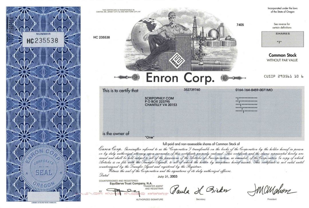 Enron Corporation - Crooked E Vignette - 2002 dated Stock Certificate - Famous Fraudulent Company