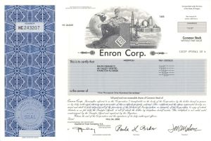 Enron Corporation - Crooked E Vignette - 2002 dated Stock Certificate - Famous Fraudulent Company