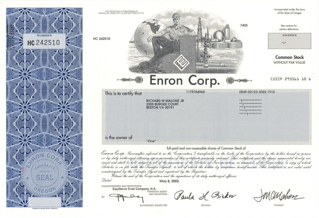 Enron Corporation - Crooked E Vignette - 2002 dated Stock Certificate - Famous Fraudulent Company