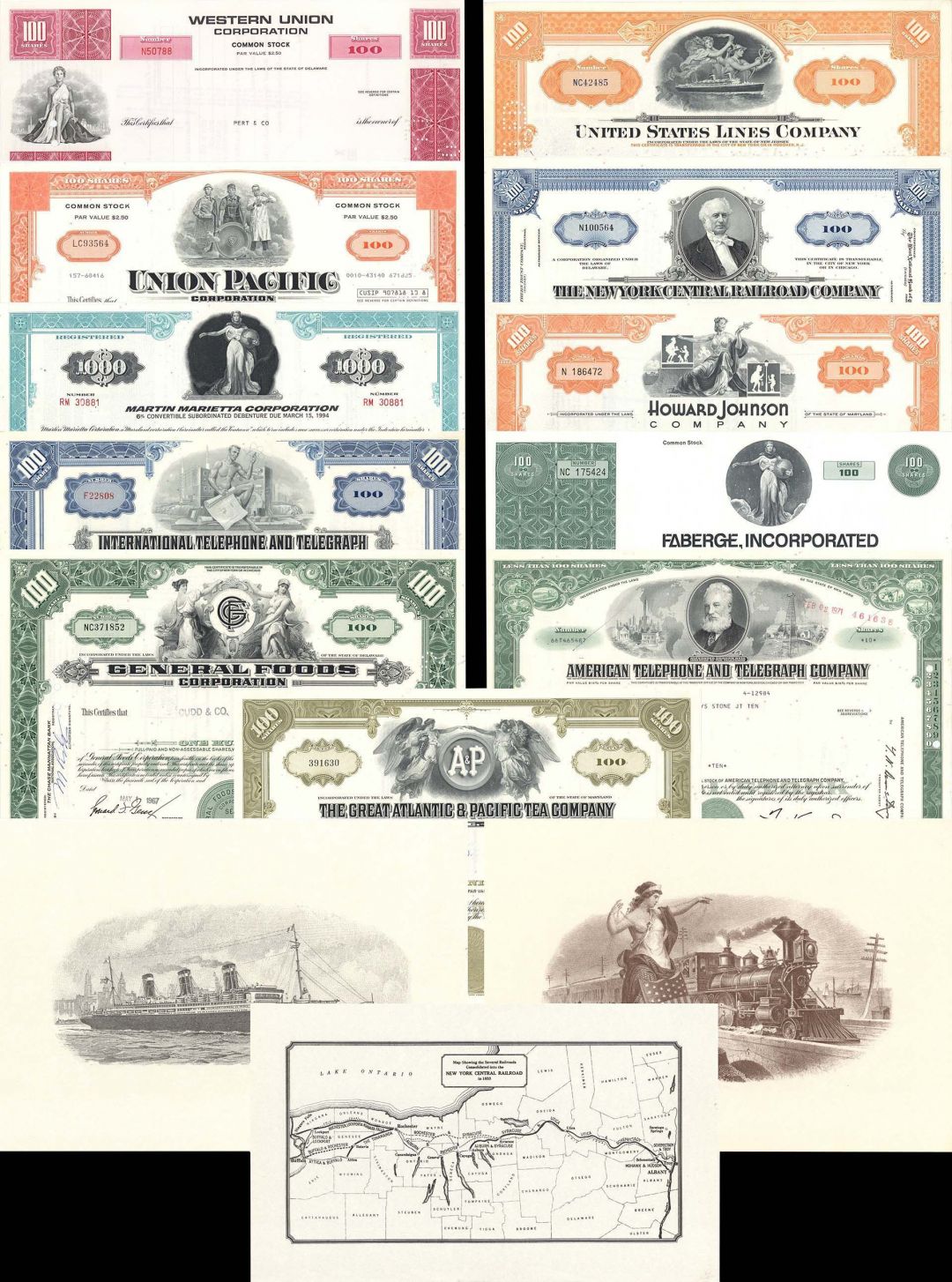 11 Stock Certificates of Great Corporations of the U.S. & 3 Prints - dated 1960's-80's Collection of Scripophily - Eleven Stock Certificates & Three Prints