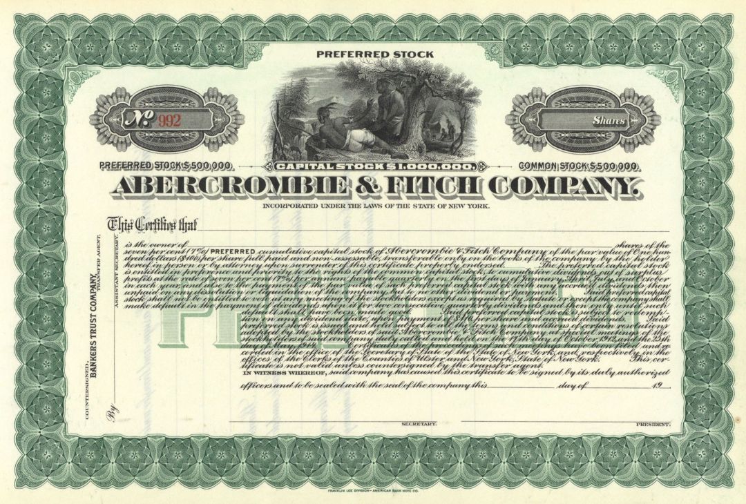 Abercrombie and Fitch Co. - 1915-20's circa Famous Clothing Co. Unissued Stock Certificate - Famous Clothing Company