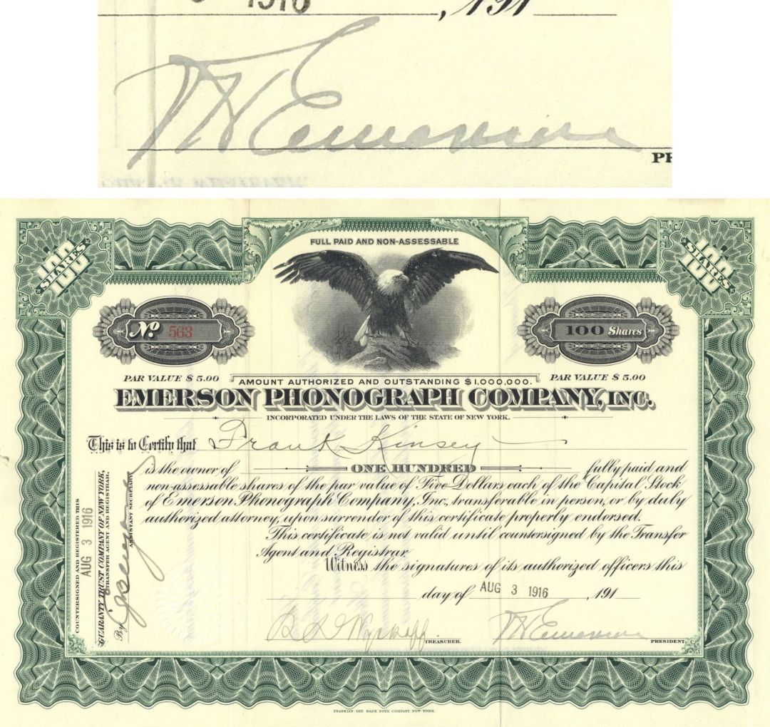 Emerson Phonograph Co. - Signed by Victor Hugo Emerson - 1915-16 dated Autograph Stock Certificate (Uncanceled)