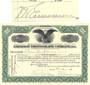 Emerson Phonograph Co. - Signed by Victor Hugo Emerson - 1915-16 dated Autograph Stock Certificate (Uncanceled)