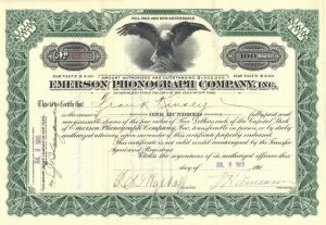 Emerson Phonograph Co. - Signed by Victor Hugo Emerson - 1915-16 dated Autograph Stock Certificate (Uncanceled)