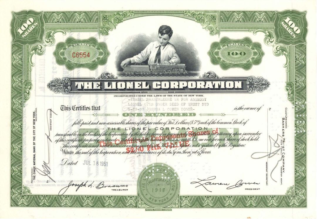 Lionel Corporation - Famous Toy Train Co. - 1949-1951 dated Stock Certificate