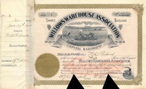 Willows Warehouse Association - Certificate Number 1 - 1885 dated Stock Certificate