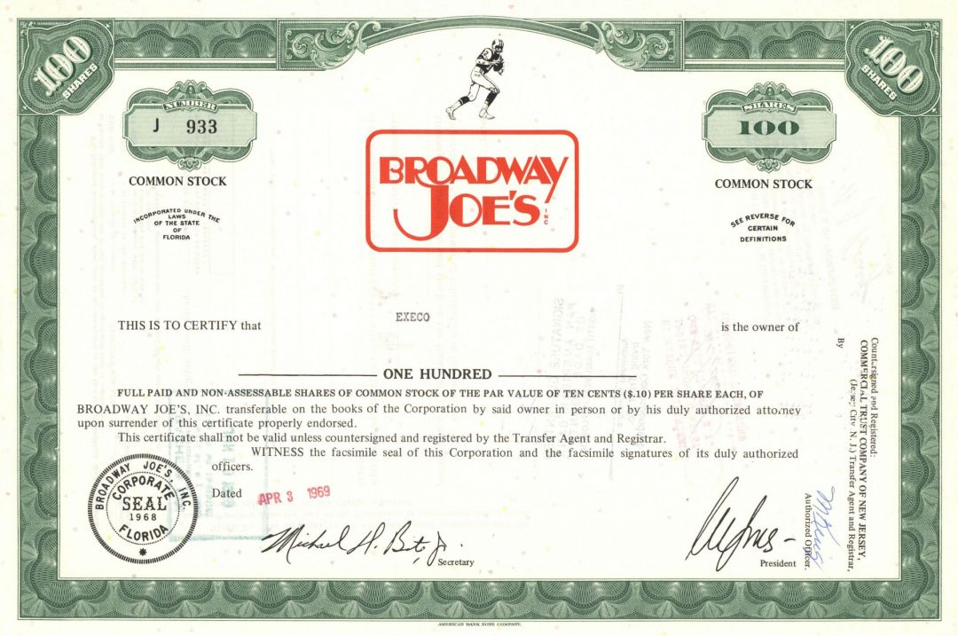Broadway Joe's Inc. - Joe Namath's Restaurant Chain Stock Certificate