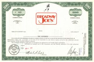 Broadway Joe's Inc. - Joe Namath's Restaurant Chain Stock Certificate