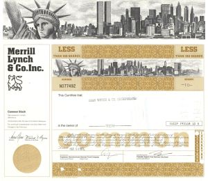 World Trade Center - Merrill Lynch and Co, Inc - Twin Towers or World Trade Center Buildings in the Vignette - 1970's dated Stock Certificate