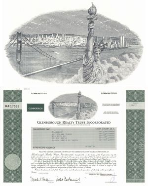 World Trade Center Twin Towers and Statue of Liberty Vignette - Glenborough Realty Trust Inc - 1996 dated Banking Stock Certificate