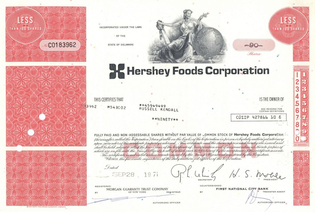 Hershey Foods Corporation - Famous Chocolate Co. Stock Certificate