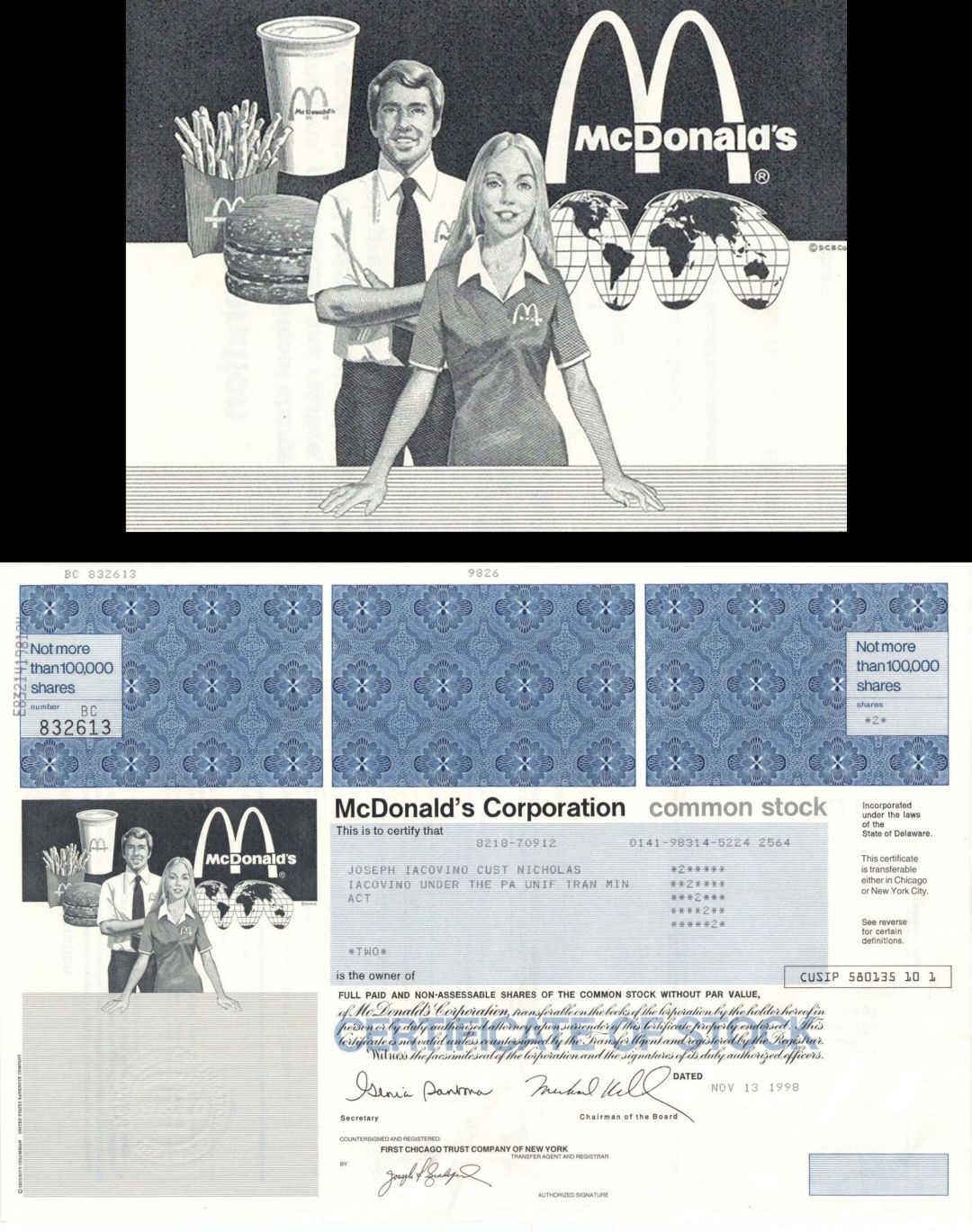 McDonald's Corp. - 1998 dated Stock Certificate - Famous Food Chain