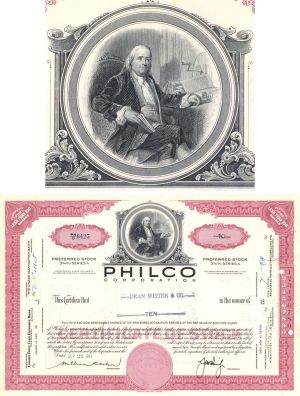 Philco Corporation - Vignette of Benjamin Franklin - 1950's-60's dated Stock Certificate