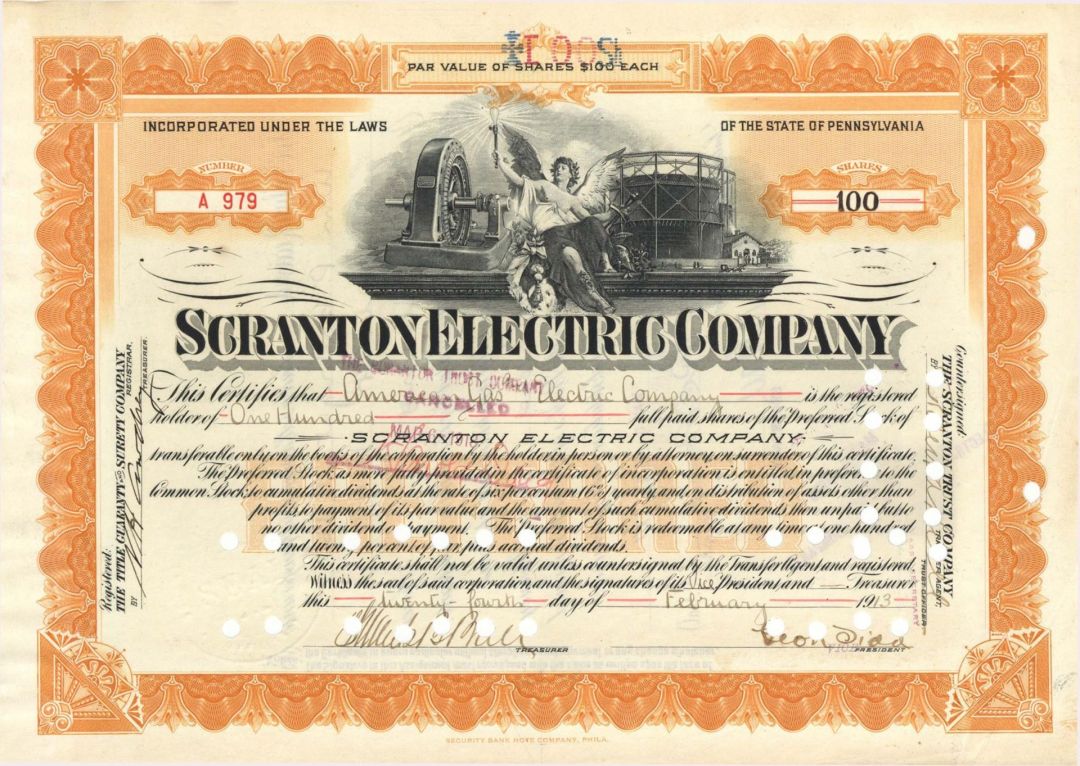 Scranton Electric Co. - 1911-1913 dated Stock Certificate