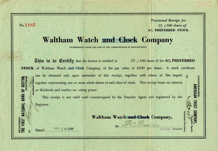 Waltham Watch (and Clock) Co. - Stock Certificate