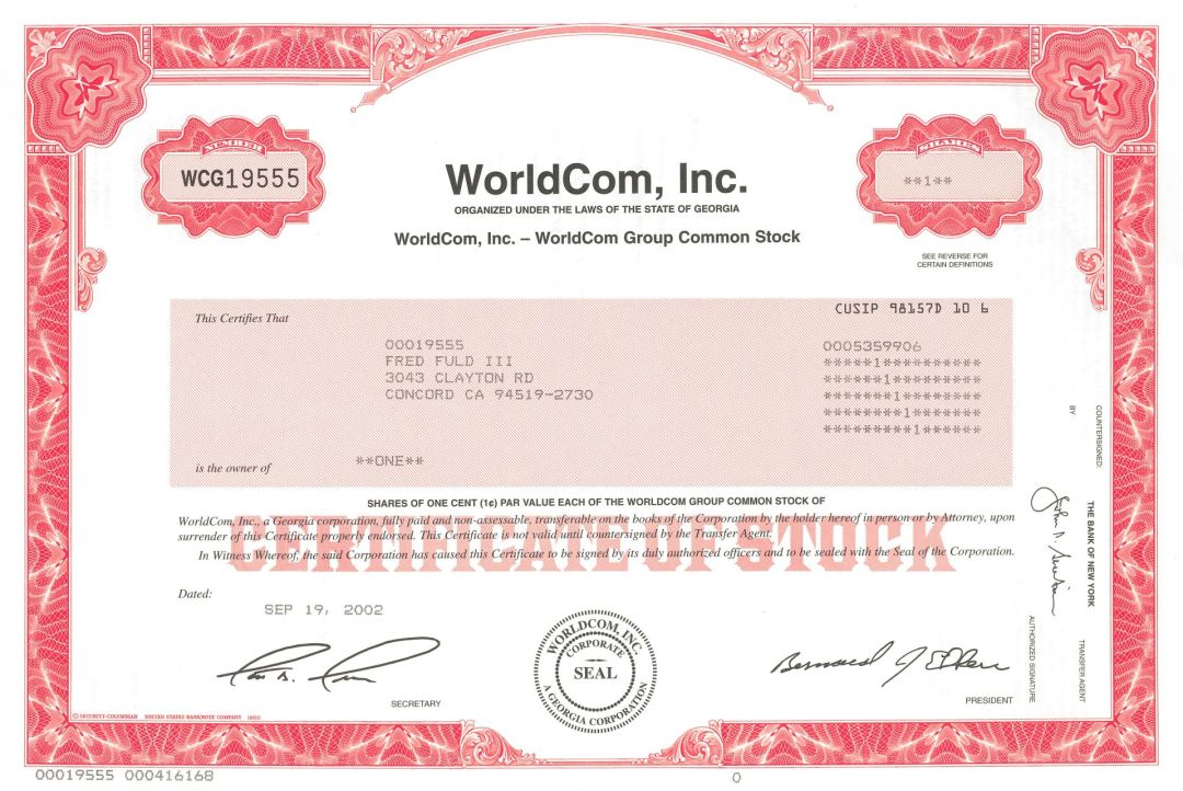 Worldcom Incorporated - Stock Certificate - Famous Scandal