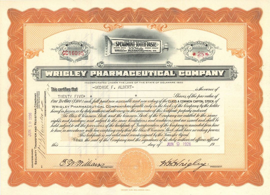 Wrigley Pharmaceutical Co. signed by W.W. Wrigley - Not the Famous Chewing Gum Magnate - Stock Certificate