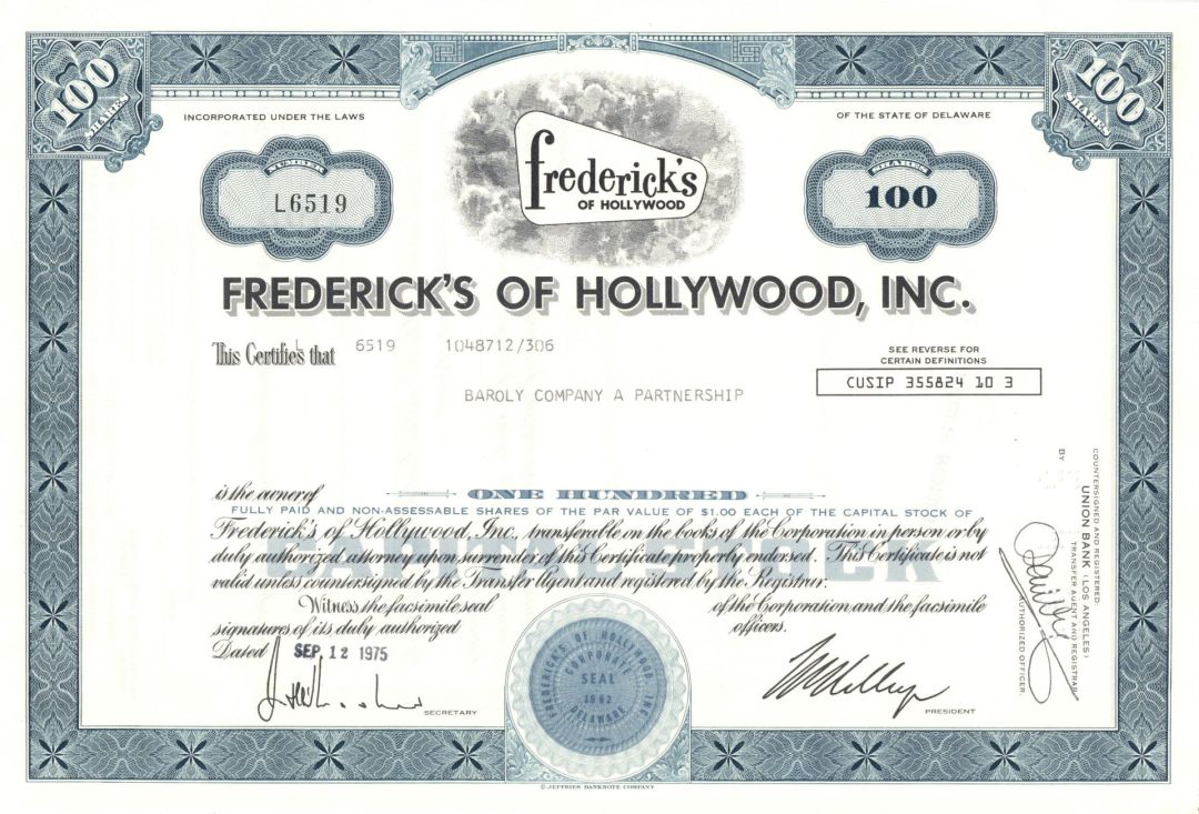Frederick's of Hollywood, Inc. - dated 1970's-80's Stock Certificate - Famous Lingerie Company