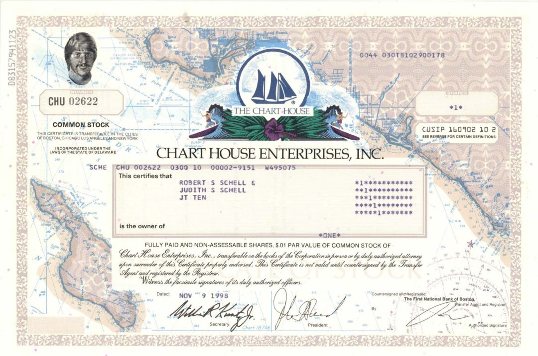 Chart House Enterprises, Inc - 1998 dated Stock Certificate