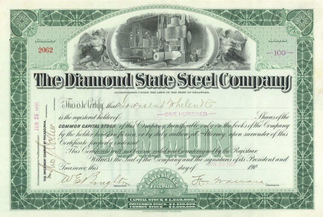 Diamond State Steel Co. - 1901 or 1902 dated Stock Certificate