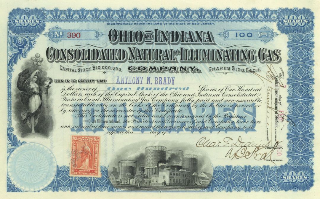 Anthony N Brady - Ohio and Indiana Consolidated Natural and Illuminating Gas Co - Stock Certificate