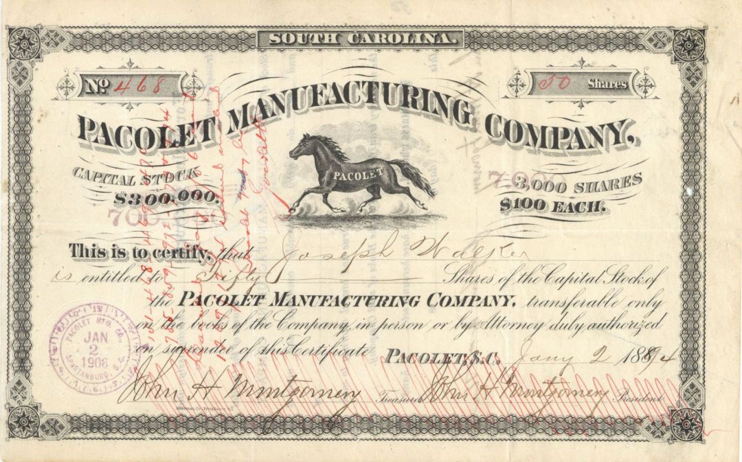 Pacolet Manufacturing Co. - 1894 dated Stock Certificate - Equestrian Vignette - Horse Vignette
