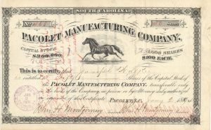 Pacolet Manufacturing Co. - 1894 dated Stock Certificate - Equestrian Vignette - Horse Vignette