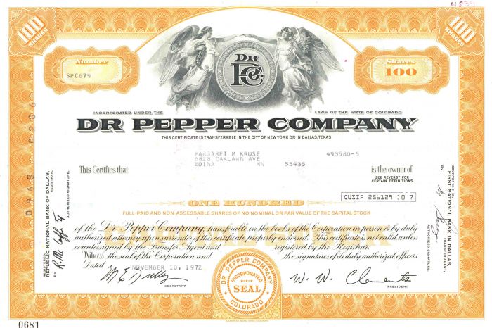 Dr. Pepper Co. - Very Rare Stock Certificate