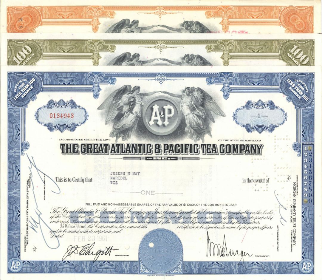 Set of 3 Great Atlantic and Pacific Tea Co. - American Chain of Grocery Stores - 1960's-70's dated Three Stock Certificates