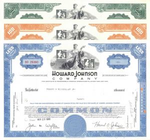 Set of 3 Howard Johnson Co. Stocks - 1960's-70's dated Restaurant & Hotel Chain Stock Certificates - Group of Three Different Colors