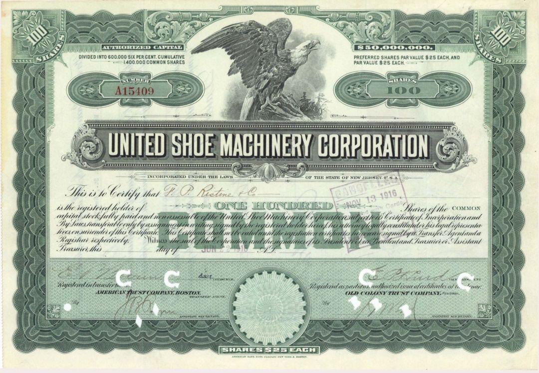 United Shoe Machinery Corp. - 1906-1916 dated Stock Certificate